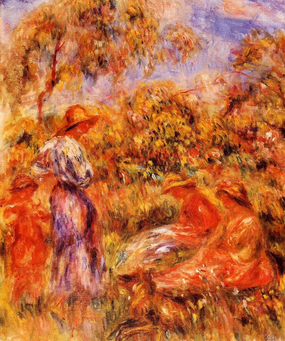 Three Women and Child in a Landscape - Pierre-Auguste Renoir painting on canvas